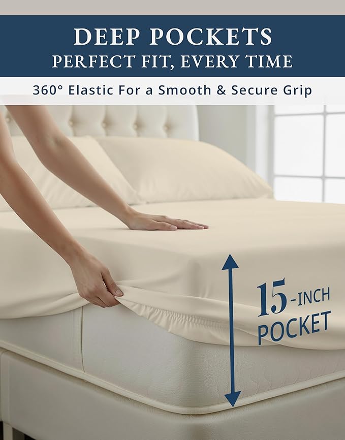 LANE LINEN 100% Egyptian Cotton California King Sheet Sets, Soft & Comfy Luxury Hotel Like Thick Fully Elasticized Mercerized Cotton Sheets Cal King Set, No Pill Fade Resistant Bedding - Ivory