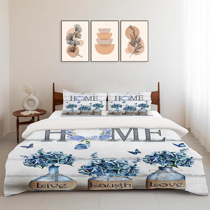 Navy Hydrangea Theme 3 Pieces Duvet Cover Comforter Set with 2 Pillowcase King Size Blue Floral Bed Sheet Quilt Bedroom Bedding for Lover Kids