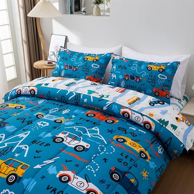 NTBED 5 Pieces Racing Cars Comforter Set Twin for Boys Kids Bed in a Bag Vehicles Transportation Lightweight Microfiber Bedding Sets,Blue