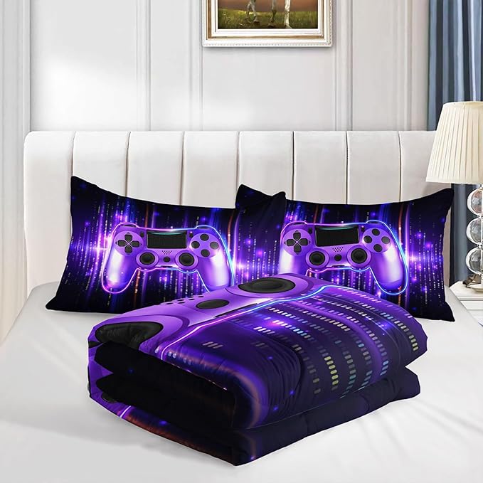 3D Gamepad Comforter Set Cool Purple Game Printed Bedding Set with 1 Comforter and 2 Pillowcases for Boys and Girls Bedroom All Season(Gamepad Full)