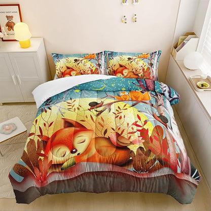 Colorful Cartoon Fox Comforter Set Full Cute Snails and Birds Pattern Bedding Fox Bedding Set for Kids Boys Girls Moon Trees Quilt Set with 1 Comforter and 2 Pillowcases