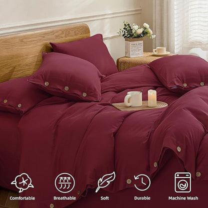 JELLYMONI Cotton Duvet Cover Full Size - Burgundy Comforter Cover with Button 100% Washed Cotton 3PCS Breathable Soft Solid Bedding Set Duvet Cover 80×90in & 2 Pillowcases (NO Comforter)