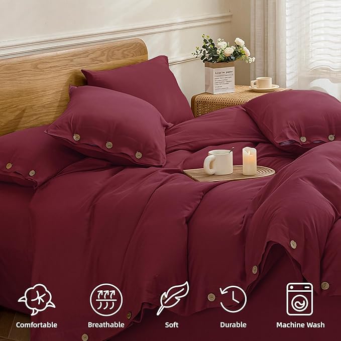 JELLYMONI Cotton Duvet Cover King Size - Burgundy Comforter Cover with Button 100% Washed Cotton 3PCS Breathable Soft Solid Bedding Set Duvet Cover 104×90in & 2 Pillowcases (NO Comforter)