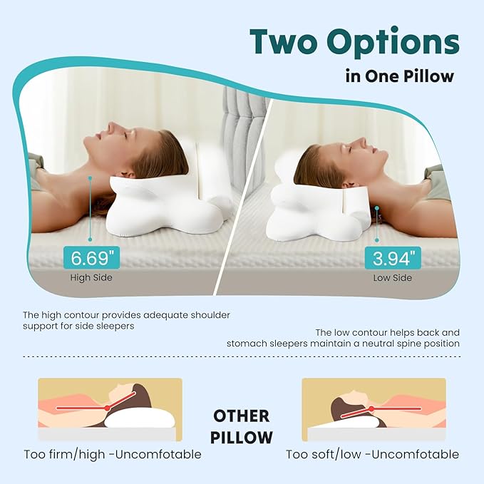 Smug Cervical Neck Pillow for Sleeping, Cooling Ergonomic Memory Foam Pillow with Arm Rest Slot and Ice Silk Pillowcase, Dual Height Orthopedic Support Contour for Side, Back, Stomach Sleepers