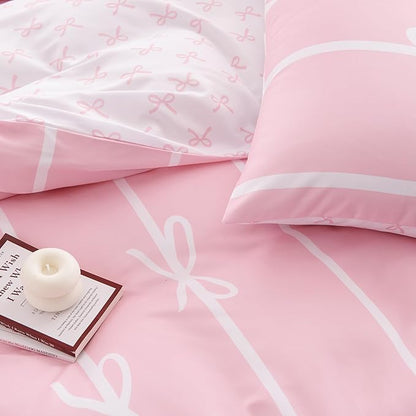 Pink Bow Duvet Cover Twin Coquette Bedding Set for Girls Kids Cute Princess Style Bowknot Bedding Ultra Soft Microfiber Duvet Cover Set with 1 Pillowcase(No Comforter)
