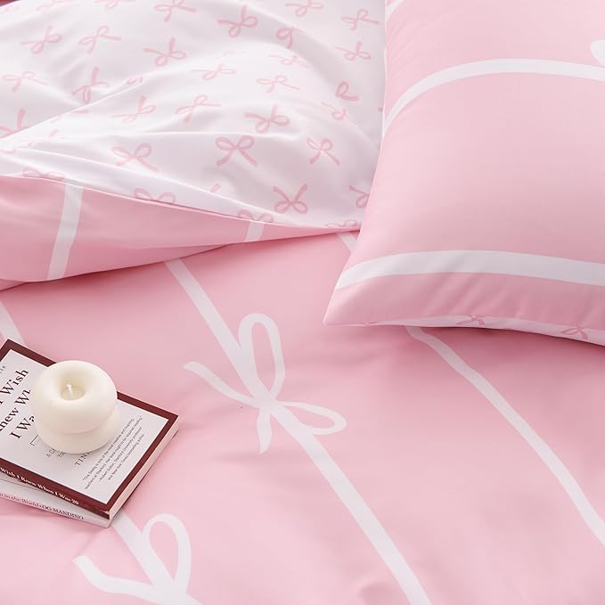 Pink Bow Duvet Cover Full Coquette Bedding Set for Girls Kids Cute Princess Style Bowknot Bedding Ultra Soft Microfiber Duvet Cover Set with 2 Pillowcases(No Comforter)