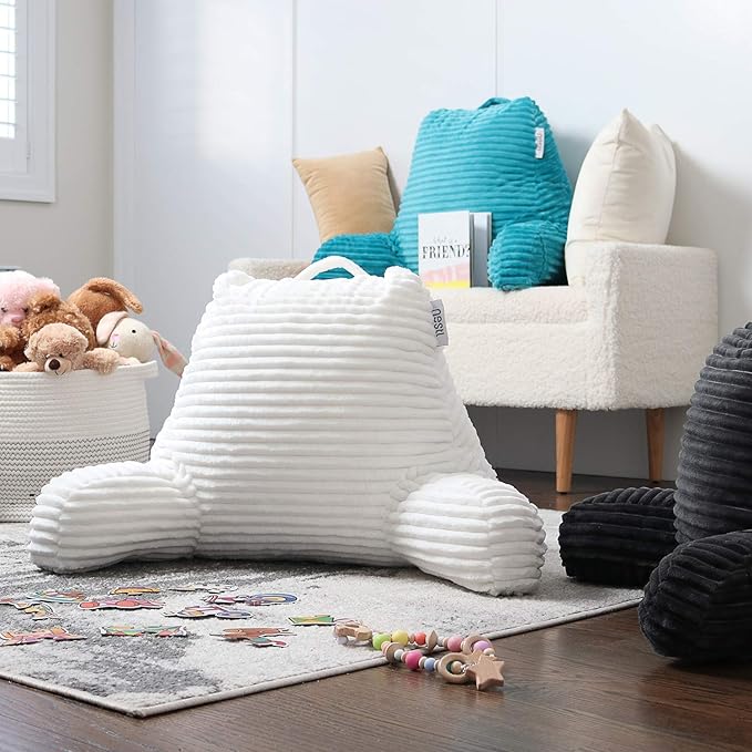 Nestl Reading Pillow with Shredded Memory Foam, Luxe Cut Plush Back Pillow for Sitting Up in Bed, Back and Arms Adjustable Support for Adult & Teens, Backrest Pillows with Washable Cover White