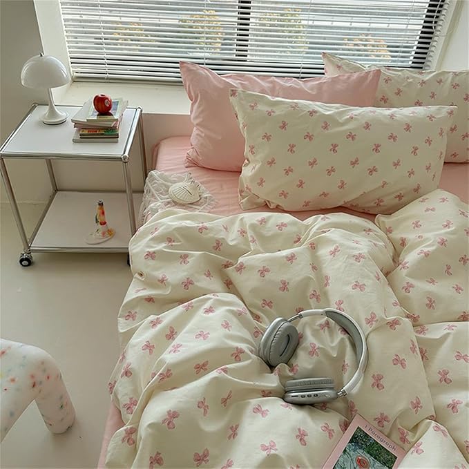 Pink Bow Duvet Cover Queen Size Bowknot On White Duvet Cover Set Kids Boys Girls 3 Pieces Cute Princess Style Bows Pattern Ultra Soft Reversible Bedding Set with 2 Pillowcases