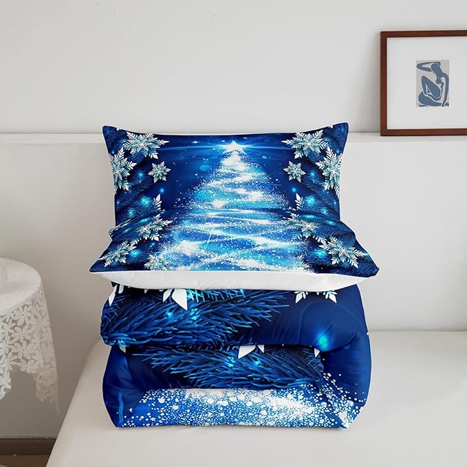 Feelyou Girls Christmas Tree Comforter Set Blue Xmas Theme Comforter Toddler Chic Winter Snowflake Bedding Set for Girls Daughter Bedroom Decor Soft Girly Glitter Quilted Duvet Winter Warm Bedding
