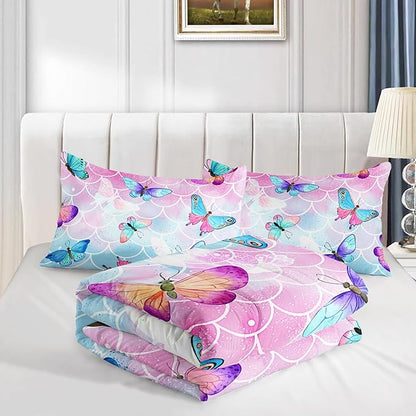 Rainbow Butterfly Comforter Set Full Size for Girls Kids Adults Mermaid Scales Pattern Bedding Set Aesthetics Butterflies Quilt Bed Set with 1 Comforter and 2 Pillowcases