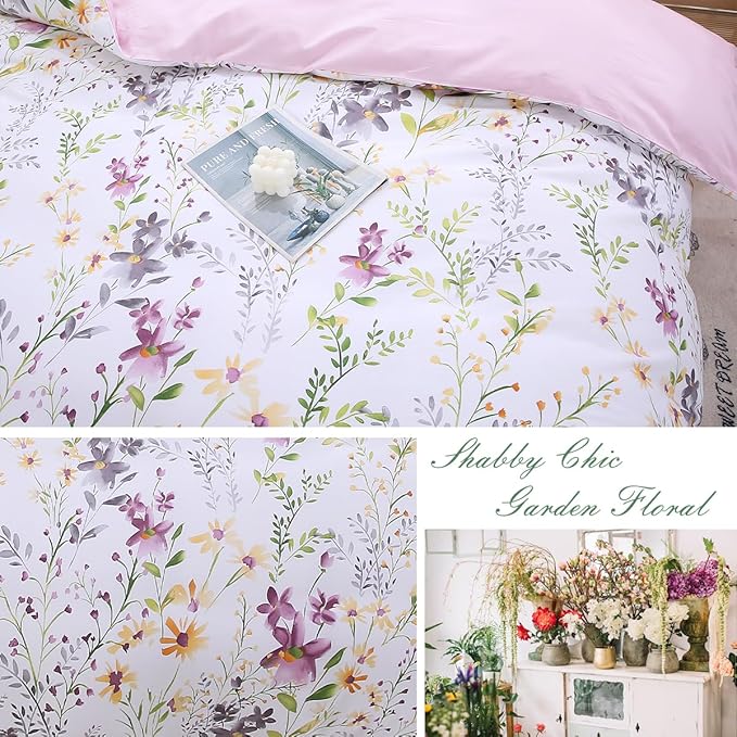 URBONUR Floral Duvet Cover Set King Size 3-Pieces Egyptian Cotton Percale Weave Bedding Set Garden Chic Flowers Comforter Cover, Soft Breathable Durable Bedding with Button Closure