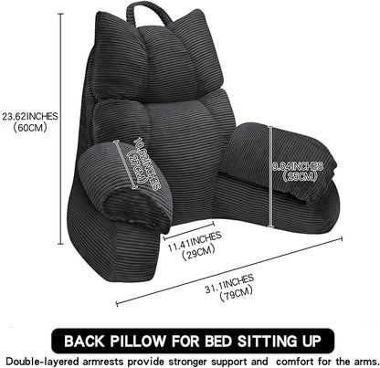 RRPAHWTV Reading Pillow for Bed with High Arm Rests,Back Support Pillow for Sitting Up in Bed with Shredded Memory Foam for Reading, TV, Gaming or Relaxing on Floor（Grey Black，Small）