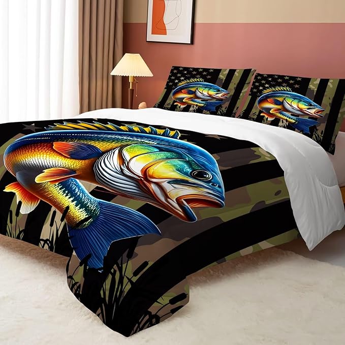 Bass Fish Comforter Set King Size American Flag Bedding Set for Men Boys Teens Green Fishing Lover Bedroom Camouflage Farmhouse Bed Set Wild Quilted, 1 Comforter 2 Pillowcases