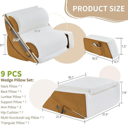 9PCS Wedge Pillow Set for After Surgery Recovery, Adjustable Memory Foam Neck Pillow, Foam Leg Pillow, Relieves Neck, Leg Pain, Sleep Apnea, and Functions as a Reading Pillow Brown