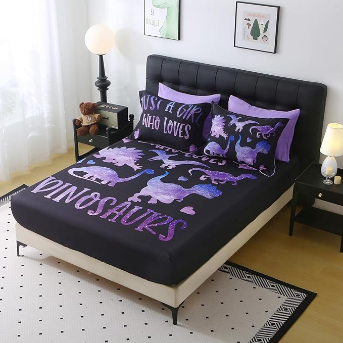 7 Piece Girls Dinosaur Comforter Set Twin Size Violet Dinonsaur Soft Microfiber Bed in A Bag with Comforter,Sheet Set,Pillowcase and Sham for Child Teens All Season