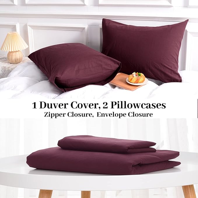NEXHOME PRO Duvet Cover Set 100% Washed Cotton Oversized Queen 98"x98", Organic Natural Linen Look Textured 3 Pieces Bedding Set Burgundy Dark Red with Zipper Closure, Breathable (No Comforter)