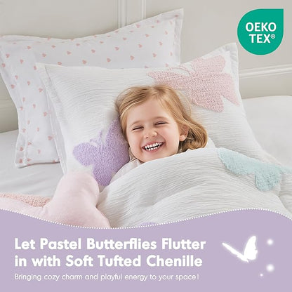 Intelligent Design Kids Rio Full/Queen Comforter Set – Girls’ Reversible Tufted Chenille Bedding with Pastel Purple Butterflies and Pink Dot, 4pcs