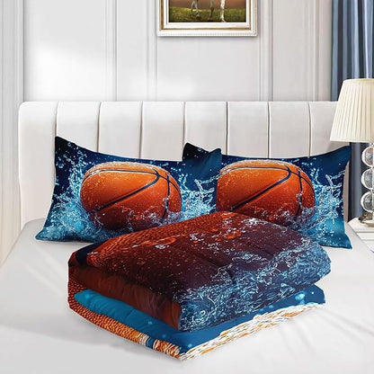 Basketball Comforter Set 3D Water Splash Printed Bedding Set with 1 Comforter and 2 Pillowcases for Boys and Girls Bedroom All Season（Basketball Queen