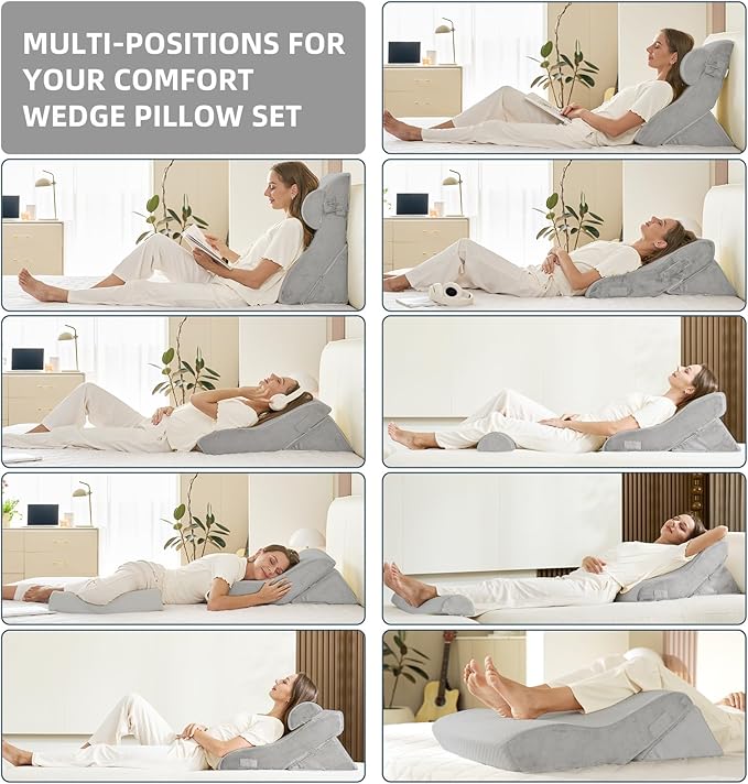 3PCS Orthopedic Bed Wedge Pillow Set, 45D Memory Foam Wedge Pillow Post Surgery for Back, Leg and Knee Support, Wider Adjustable Triangle Pillow Set for Sleeping,Acid Reflux,Anti-Snoring, Light Grey