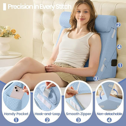Sasttie Wedge Pillow Set for After Surgery, 2PCS Adjustable Bed Wedge Pillow Headboard with Memory Foam Neck Cushion – for Acid Reflux, Sleeping, Neck & Back Support, Blue