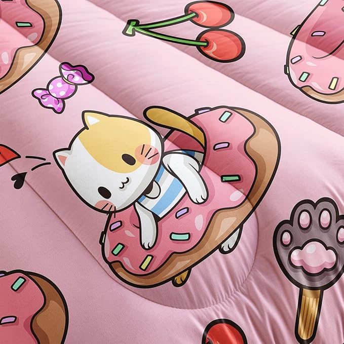 QOOMO Kawaii Cat Comforter Queen Size,Doughnut Cherry Cat Comforter Set for Kids Teens Girls,3Pcs Bedding Set Printed Comforter with 2 Pillowcases,Soft and Lightweight(Pink，Queen Size)