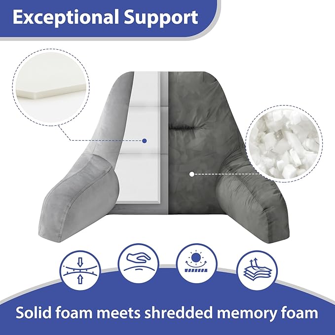 Reading Pillows for Sitting in Bed Adult, Back Pillow for Bed Sitting Up, Backrest Pillows with Shredded Foam for Adult&Teens, Support Pillow with Arms for Beds, Couch, Floor, 20in, Grey