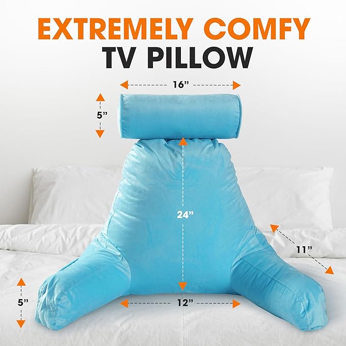 Cheer Collection Reading Pillow Chair - Chair Pillow with Arms and Detachable Neck Bolster for Bed & Couch - Machine Washable, Sky Blue