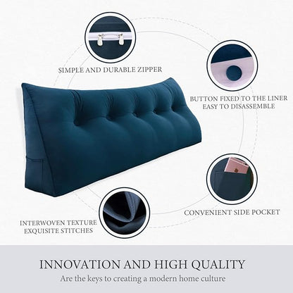 Triangle Headboard Pillow - 3 in 1 Large Bed Pillow as Wedge Reading Pillow, Large Couch Daybed Pillow or Positioning Support Backrest Back Cushion for Sitting in Bed Velvet Queen Deep Blue