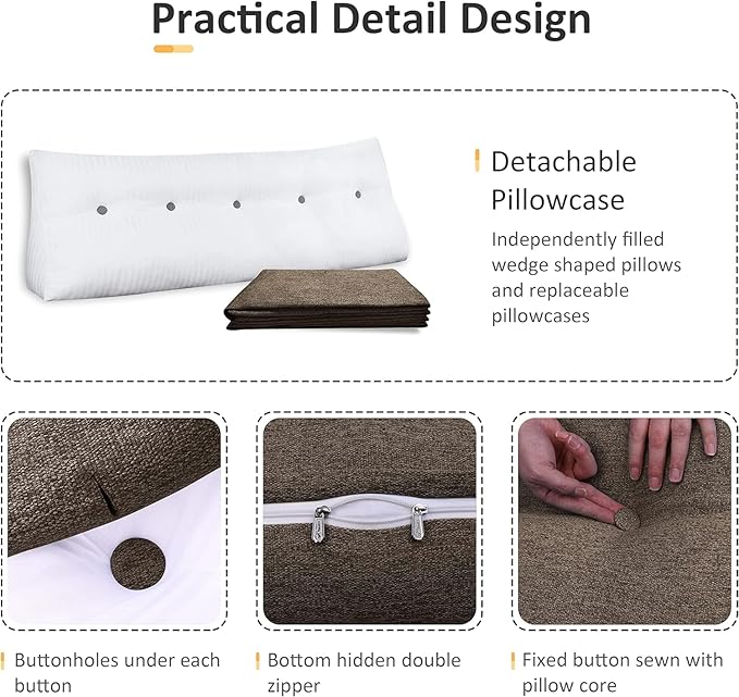 Wedge Headboard Pillow Dorm Room Reading Pillow Back Support for Sitting Up in Bed Bolster Lumbar Cushion Body Positioning Bedrest Cotton Linen 76in Coffee King