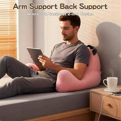 Reading Pillow for Sitting in Bed Couch Teens/Adult, Back Rest Pillow for Sitting Up in Bed with Shredded Memory Foam, Includes Arms and Washable Cover (Pink)