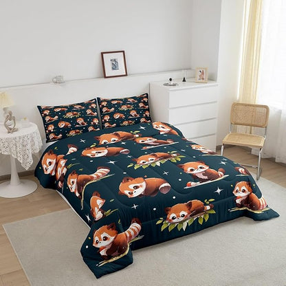 Cartoon Raccoon Comforter Set Cute Brown Wild Animals Hippie Bedding Set for Kids Boys Girls Teens Watercolor Green Leaves Dreamy Microfiber Duvet Set with 1 Pillowcase Twin Size 2 Pcs