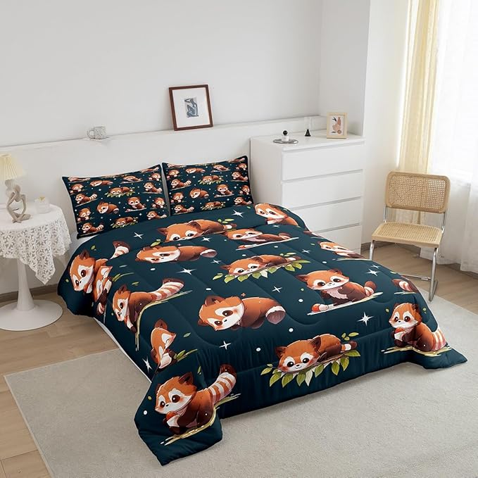 Cartoon Raccoon Comforter Set Cute Brown Wild Animals Hippie Bedding Comforter for Kids Boys Girls Teens Watercolor Green Leaves Dreamy Bedroom Quilt Set with 2 Pillowcases Queen Size 3 Pcs