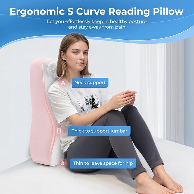 Ergonomic S Curve Reading Pillow for Sitting in Bed Adult- Back Pillow for Bed Sitting up with Adjustable Headrest- Memory Foam, Pink