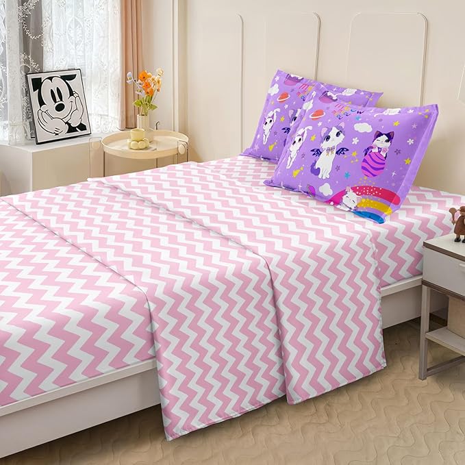 Kids Bedding 5-Piece Cat Comforter Sets Twin Size, Purple Bedding Set for Teens Kids Girls Bed in a Bag Cute Room Decor