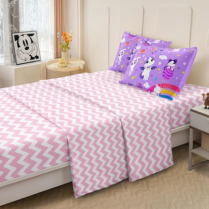 Kids Bedding 5-Piece Cat Comforter Sets Twin Size, Purple Bedding Set for Teens Kids Girls Bed in a Bag Cute Room Decor