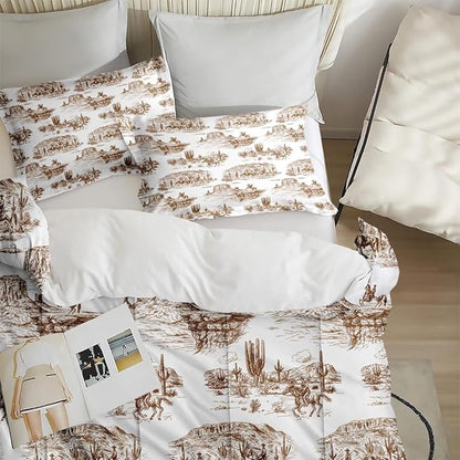 Twin Size Comforter Set with Pillowcase, American Desert Cowboy Horse Soft 2 Pcs Bedding for Kids and Adults, Western Country Vintage Comforter Set for Room Bedroom Bed Decor