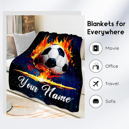 Personalized Soccer Blanket Gifts for Kids - Custom Soccer Gift for Boys 8-12, Sports Throw Blankets for Team Player Adults Men - Soft Plush Girls Throws for Couch, Bed (Blue, 50x60 Inch)
