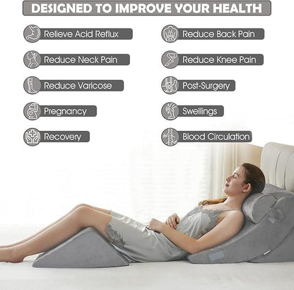 4Pcs Wedge Pillow for Sleeping, Orthopedic Bed Wedge Pillows for After Surgery, Foam Triangle Sit Up Pillow Wedge for Back, Neck, Shoulder Support, Leg Elevation, Acid Reflux, Gerd, Snoring Light Grey