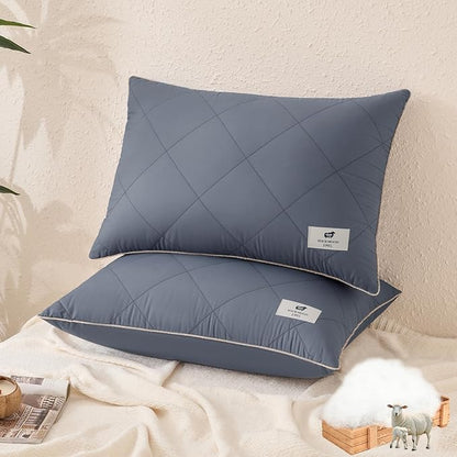 YOUR MOON Organic Wool Pillow Queen Size Set of 2, Soft Support Bed Pillows for Sleeping, Natural Wool & Down Alternative Filling, Luxury Hotel Quality Pillows,100% Cotton Cover (Gray)