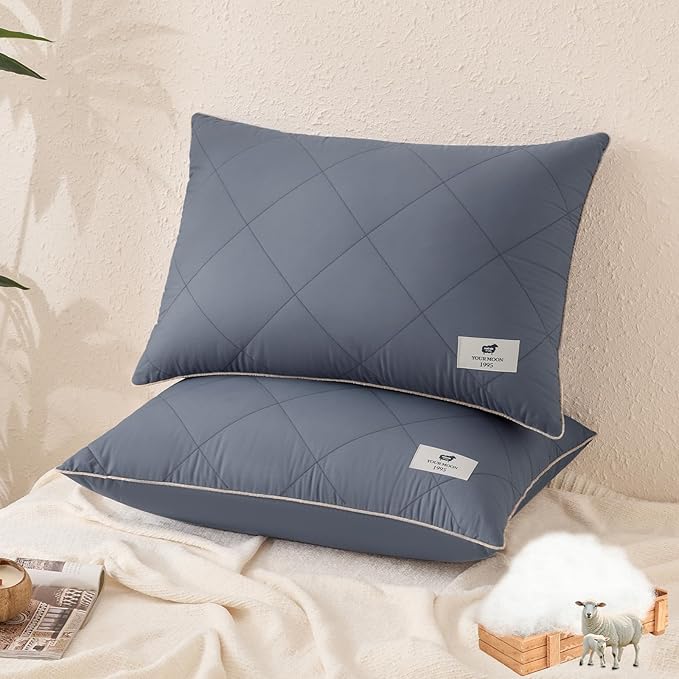 YOUR MOON Organic Wool Pillow Standard Size Set of 2, Soft Support Bed Pillows for Sleeping, Natural Wool & Down Alternative Filling, Luxury Hotel Quality Pillows,100% Cotton Cover (Gray)