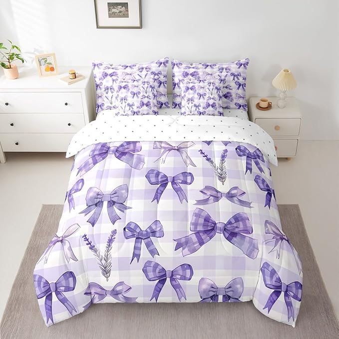 Feelyou Purple Bowknot 7 Piece Bedding Set Lavender Flower Comforter Set with Sheets for Kids Boys Girls Purple Stripe Bed in a Bag Princess Theme Bed Set Soft Lightweight