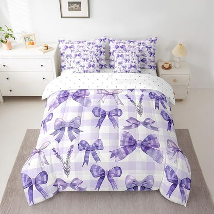 Feelyou Purple Bowknot 7 Piece Bedding Set Lavender Flower Comforter Set with Sheets for Kids Boys Girls Purple Stripe Bed in a Bag Princess Theme Bed Set Soft Lightweight
