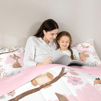 jejeloiu Cute Sika Deer Bedding Set Twin Size Pink Flower Comforter Set for Kids Boys Girls Fairytale Theme Duvet Set Kawaii Owl Quilt Set 2Pcs