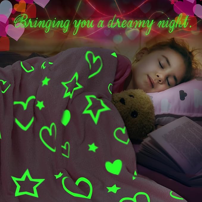Glow in The Dark Blanket for Mothers Day - Soft Warm Furry Throw Gift for Mom, Cozy Heart Blanket Indoor Outdoor Camping Bedding, Pink Heart 50x60 Inches