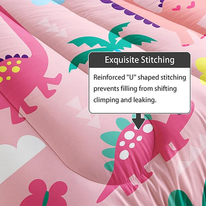 Axolotl Cute Dinosaur Comforter Set King,Colorful Dino Girls Bedding Set,Dinosaurs Animal Print Comforter,Botanical Palm Trees Bed,Butterfly Bedding for Kids Girls Teens,1 Quilt 2 Pillowcases,Pink