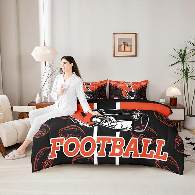 Feelyou Football Comforter Set with Sheets 7 Piece Queen Size Ball Games Bedding Set for Kids Boys Girls Rugby Bed in a Bag City of Footballs Room Decor Rugby Sports Soft Lightweight