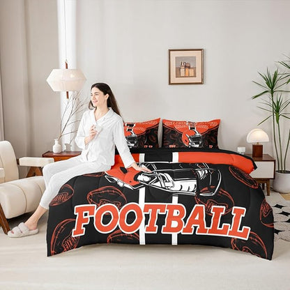 Feelyou Football Comforter Set with Sheets 7 Piece Queen Size Ball Games Bedding Set for Kids Boys Girls Rugby Bed in a Bag City of Footballs Room Decor Rugby Sports Soft Lightweight