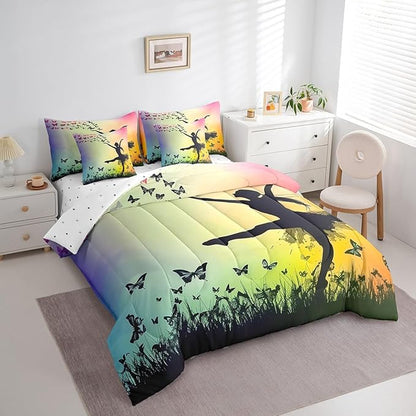 Feelyou Ballet 7 Piece Bedding Set Full Size Cute Ballet Comforter Set with Sheets for Kids Teens Toddler Dancing Girl Bed in a Bag Butterfly Bed Set