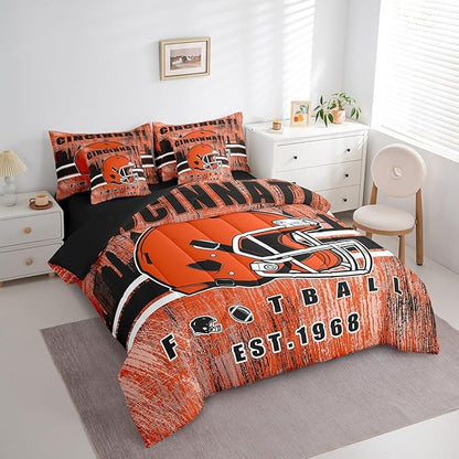 Erosebridal 7Pcs Gridiron Bed in A Bag Queen Size Cincinnati Bedding Set Sports Room Decor for Men Women Football City Sports Decor Comforter Sets with Sheets Retro Watercolor Grunge Rugby Bed Set