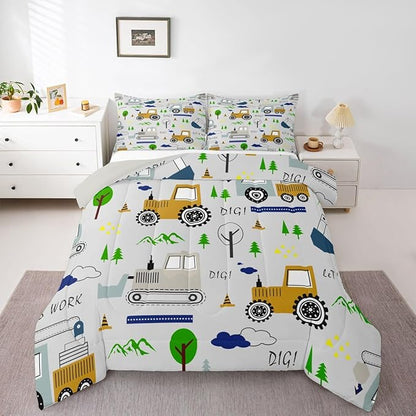 Feelyou Construction Comforter Set Toddler Size Equipment Trucks Bedding Set for Kids Boys Construction Vehicles Duvet Quilt Excavator Tractor Bedroom Decor Cartoon Car Grey2 Pcs with 1 Pillow Cases